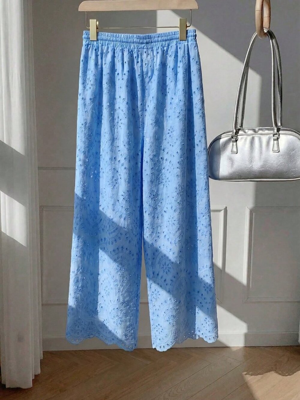 Blue Casual Women's Plus Size Embroidered Loose Pants